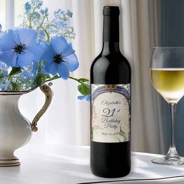 Eleganter Barockgarten 21. Geburtstag Party Weinetikett (Elegant Baroque Floral Frame 21st Birthday Party Wine Label)
