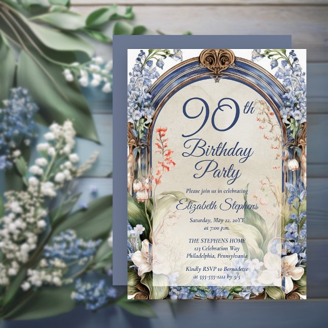 Eleganter Barockgarten 90. Geburtstagsparty Einladung (Elegant Baroque Garden Floral Arch 90th Birthday Party Invitation - Print | Digital Download)