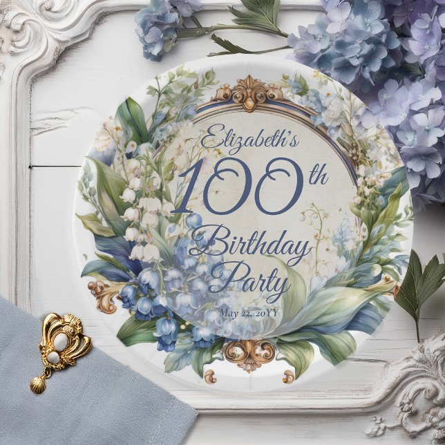 Eleganter Barockrahmen 100. Geburtstagsparty Pappteller (Elegant Baroque Lily of the Valley and Hawthorn Floral Frame 100th Birthday Party Paper Plates)