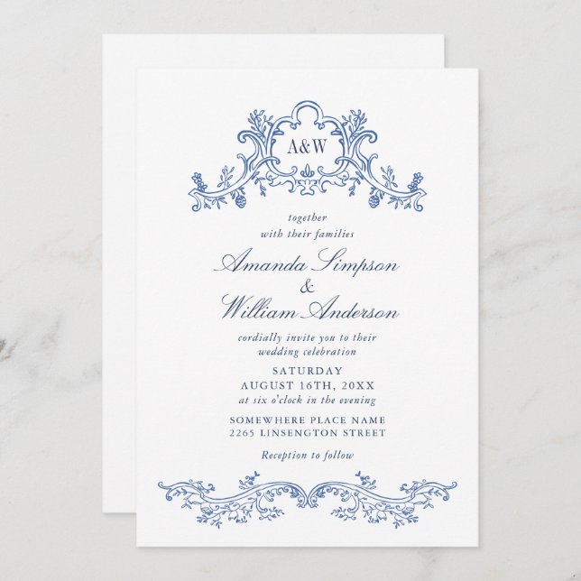 Eleganter Baroque Dusty Blue Classy Wedding QR Cod Einladung (Vorne/Hinten)