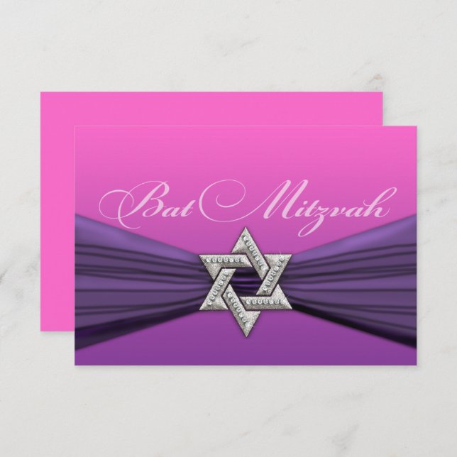 Eleganter Bat Mitzvah Star Lila auf jeder Farbe RSVP Karte (Vorne/Hinten)