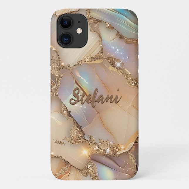 Eleganter Beige Holographic Glitzer Alcohol Ink Case-Mate iPhone Hülle (Rückseite)