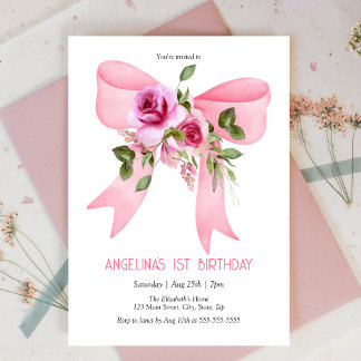 Eleganter Big Pink Bow Rose Floral Geburtstag Einladung