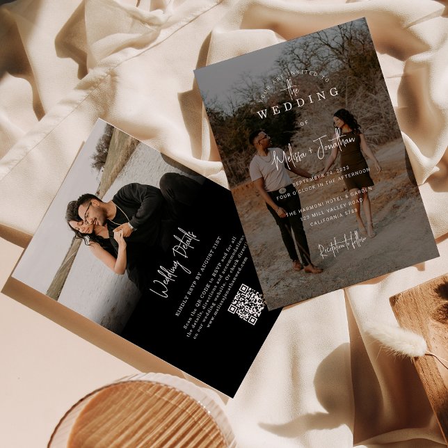 Eleganter Black 2 Foto Script QR Code Hochzeit Einladung (Von Creator hochgeladen)