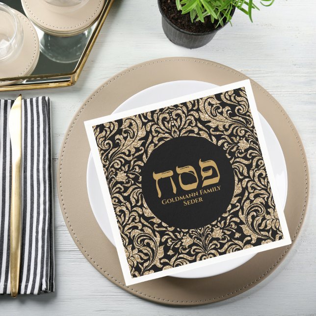 Eleganter Black and Glitzer Gold Hebrew Pessach Serviette (Von Creator hochgeladen)