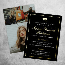 Eleganter Black and Gold 3 Foto Abschluss Folieneinladung