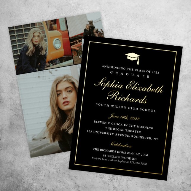 Eleganter Black and Gold 3 Foto Abschluss Folieneinladung (Von Creator hochgeladen)