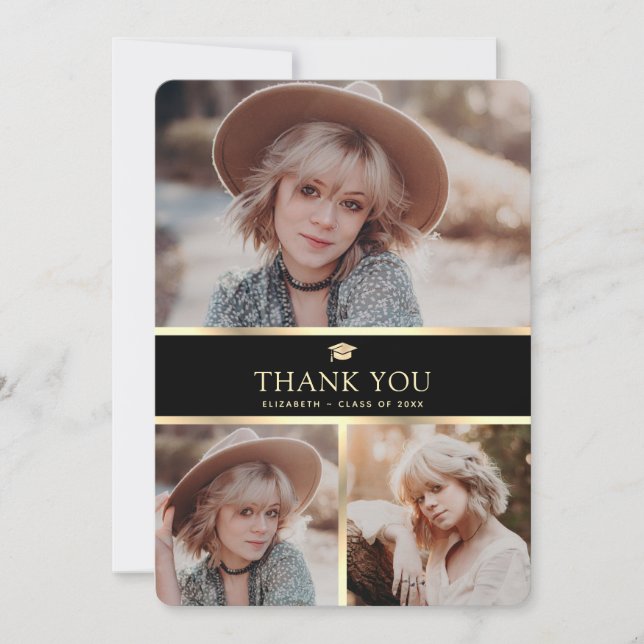 Eleganter Black and Gold 4 Foto Abschluss Dankeskarte (Vorderseite)