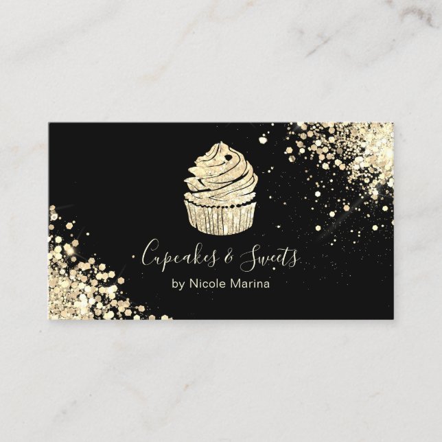 Eleganter Black and Gold Cupcake Bäckerei Konditor Visitenkarte (Vorderseite)