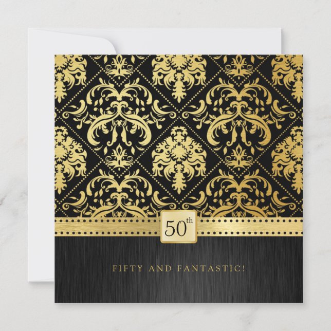 Eleganter Black and Gold Damask 50. Geburtstag Einladung (Vorderseite)