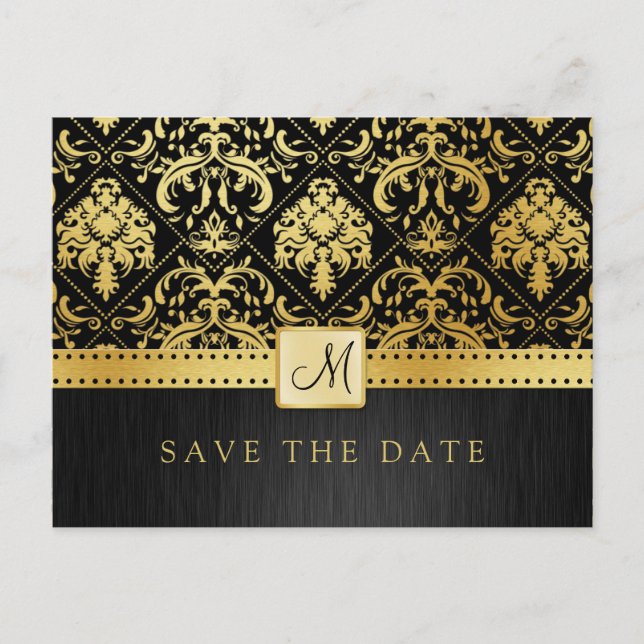 Eleganter Black and Gold Damask Save the Date Ankündigungspostkarte (Vorderseite)