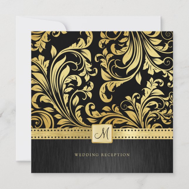 Eleganter Black and Gold Floral Damask Empfang Einladung (Vorderseite)