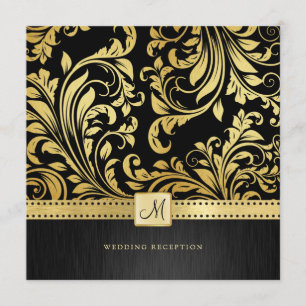 Eleganter Black and Gold Floral Damask Empfang Einladung