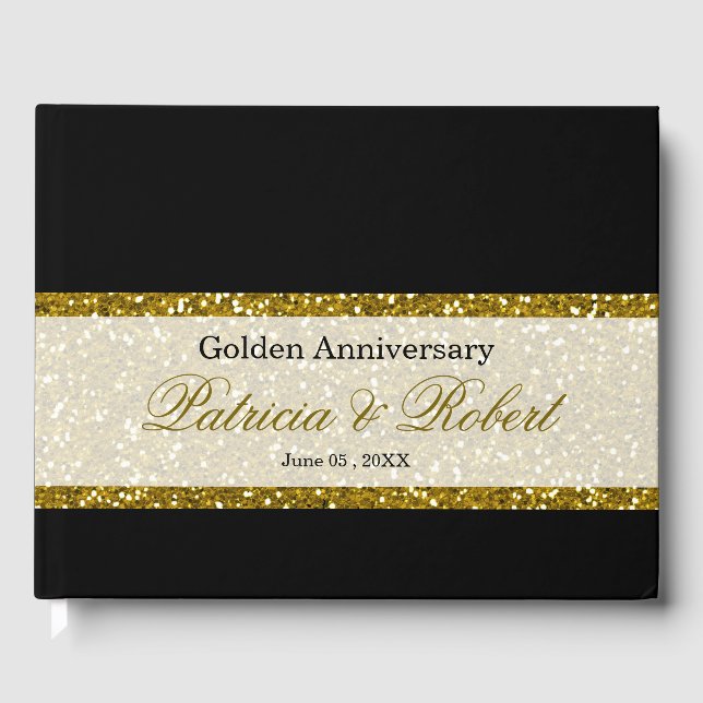Eleganter Black and Gold Glitzer 50 Jahre alt Gästebuch (Vorderseite)