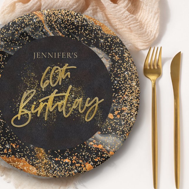 Eleganter Black and Gold Glitzer 60. Geburtstagspa Pappteller (Von Creator hochgeladen)