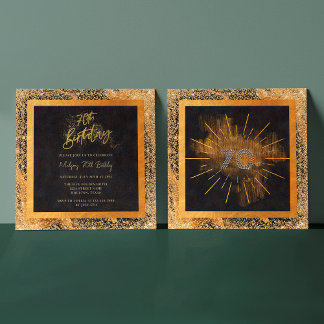 Eleganter Black and Gold Glitzer 70. Geburtstagspa Einladung
