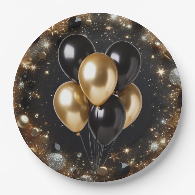 Eleganter Black and Gold Glitzer Balloon Geburtsta Pappteller (Vorderseite)