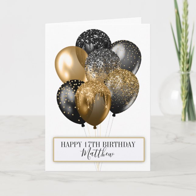 Eleganter Black and Gold Glitzer Balloons Geburtst Karte (Vorderseite)
