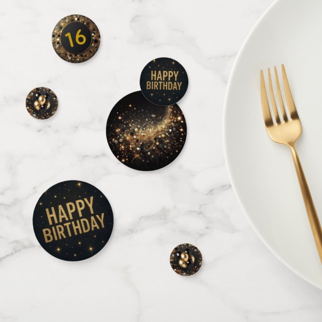 Eleganter Black and Gold Glitzer Happy Birthday Konfetti (Gruppe)