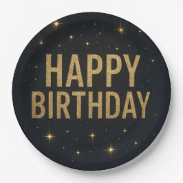 Eleganter Black and Gold Glitzer Happy Birthday Pappteller
