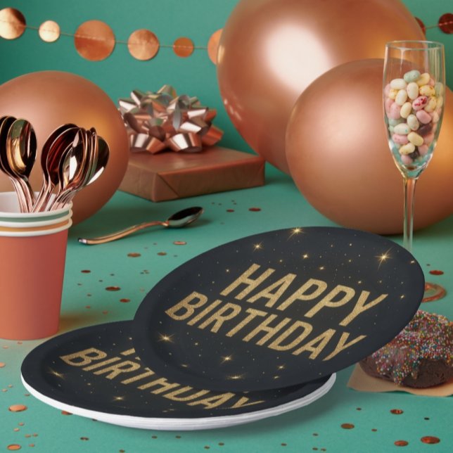 Eleganter Black and Gold Glitzer Happy Birthday Pappteller (Von Creator hochgeladen)