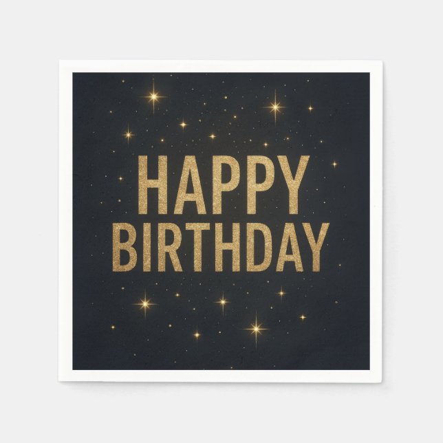 Eleganter Black and Gold Glitzer Happy Birthday Serviette (Vorderseite)