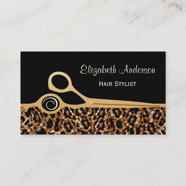 Eleganter Black and Gold Leopard Haar Salon Visitenkarte (Vorderseite)