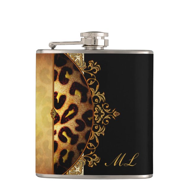Eleganter Black and Gold Monogram Leopard Flachmann (Vorderseite)