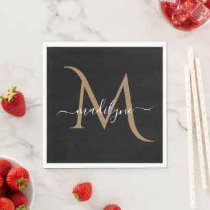 Eleganter Black and Gold Monogram Script Name Napk Serviette