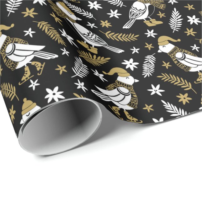 Eleganter Black and Gold Woodland Bird Geschenkpapier (Rolleneckpunkt)