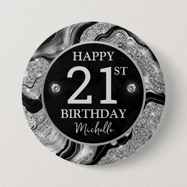 Eleganter Black and Silver Glitzer Agate Birthday Button (Vorderseite)