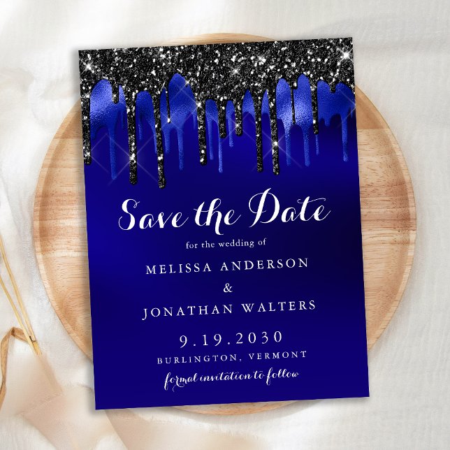 Eleganter Black Blue Glitzer Tropfen Save the Date Ankündigungspostkarte (Von Creator hochgeladen)