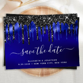 Eleganter Black Blue Glitzer Tropfen Save the Date Einladung