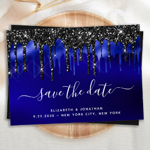 Eleganter Black Blue Glitzer Tropfen Save the Date Einladung