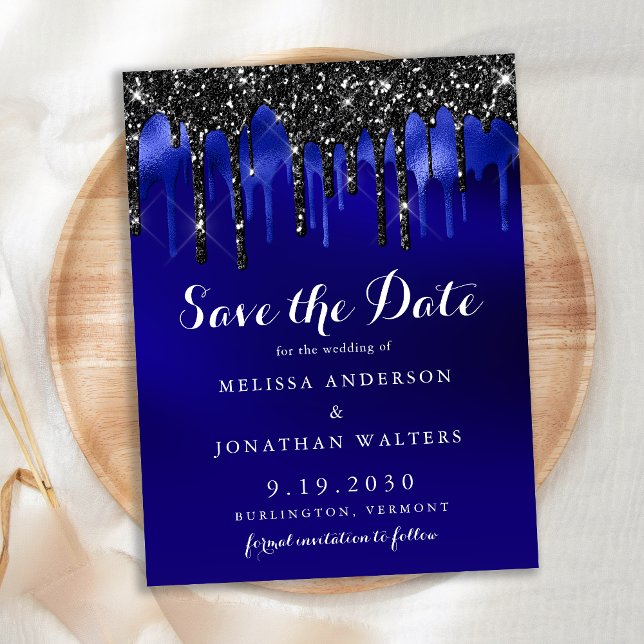 Eleganter Black Blue Glitzer Tropfen Save the Date Einladungspostkarte (Von Creator hochgeladen)