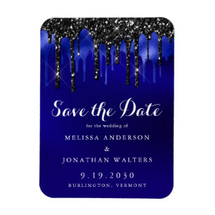 Eleganter Black Blue Glitzer Tropfen Save the Date Magnet