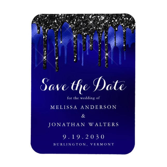 Eleganter Black Blue Glitzer Tropfen Save the Date Magnet (Vertikal)