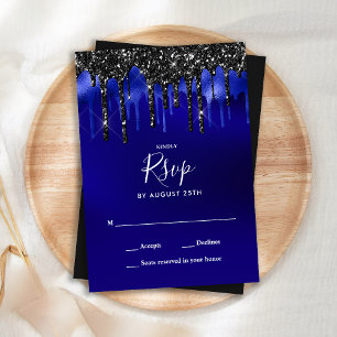 Eleganter Black Blue Glitzer Tropfen Wedding RSVP Mitteilungskarte