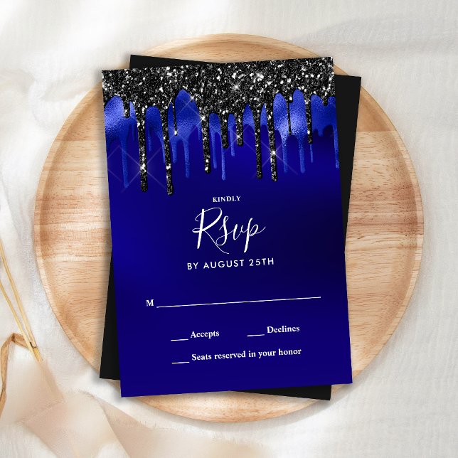 Eleganter Black Blue Glitzer Tropfen Wedding RSVP Mitteilungskarte (Von Creator hochgeladen)