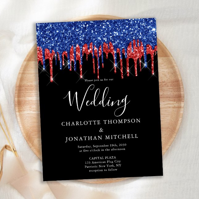 Eleganter Black Blue Glitzer Tropfens Wedding Invi Postkarte (Von Creator hochgeladen)