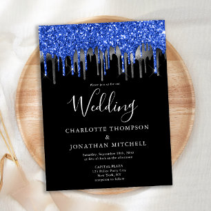 Eleganter Black Blue Silver Glitzer Tropfen Hochze Einladungspostkarte