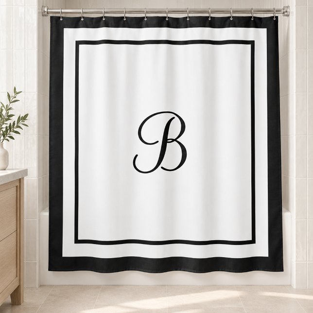 Eleganter Black Border Script Monogram Letter Duschvorhang (Von Creator hochgeladen)