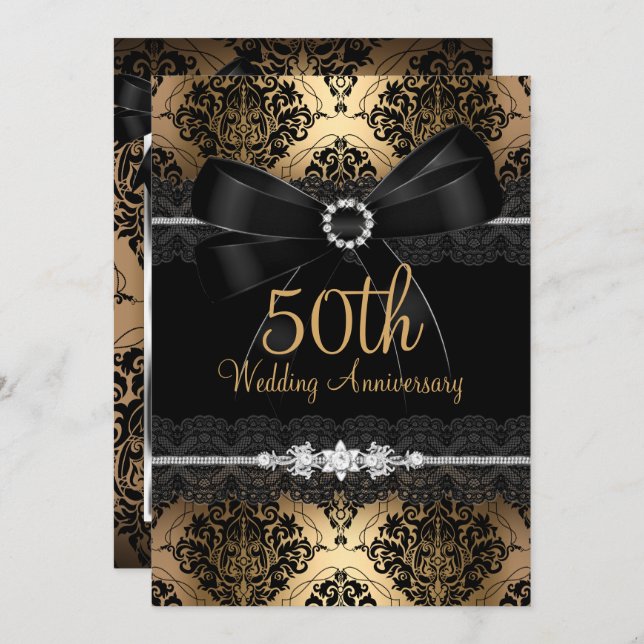 Eleganter Black Bow & Damask Gold 50 Jahre Jubiläu Einladung (Vorne/Hinten)