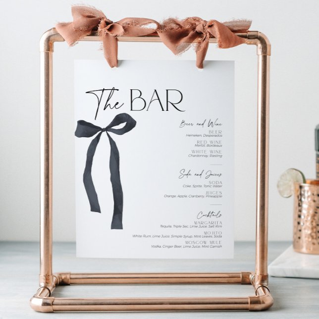 Eleganter Black Bow Gothic Bride Bar Menu Cocktail Sockelschild (Elegant bar menu sign with blak bow)