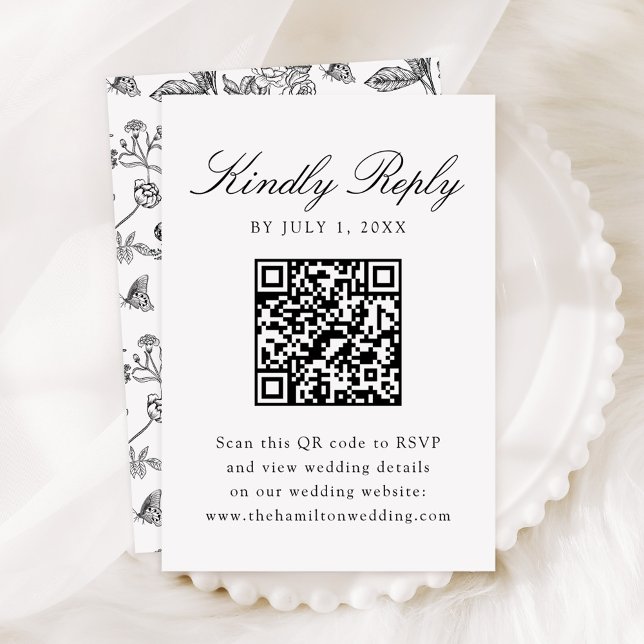 Eleganter Black Chinoiserie Floral Wedding QR Code RSVP Karte (Von Creator hochgeladen)