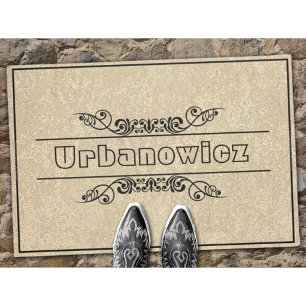 Eleganter Black Frame Schnörkel Individuelle Name  Fußmatte