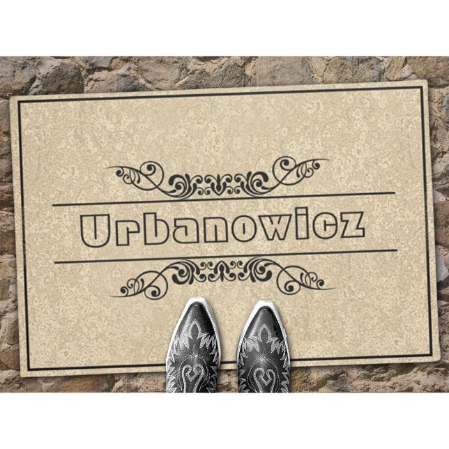 Eleganter Black Frame Schnörkel Individuelle Name  Fußmatte (Von Creator hochgeladen)