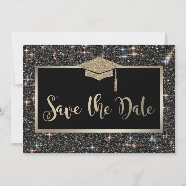 Eleganter Black Glitzer Abschluss Save the Date (Vorderseite)