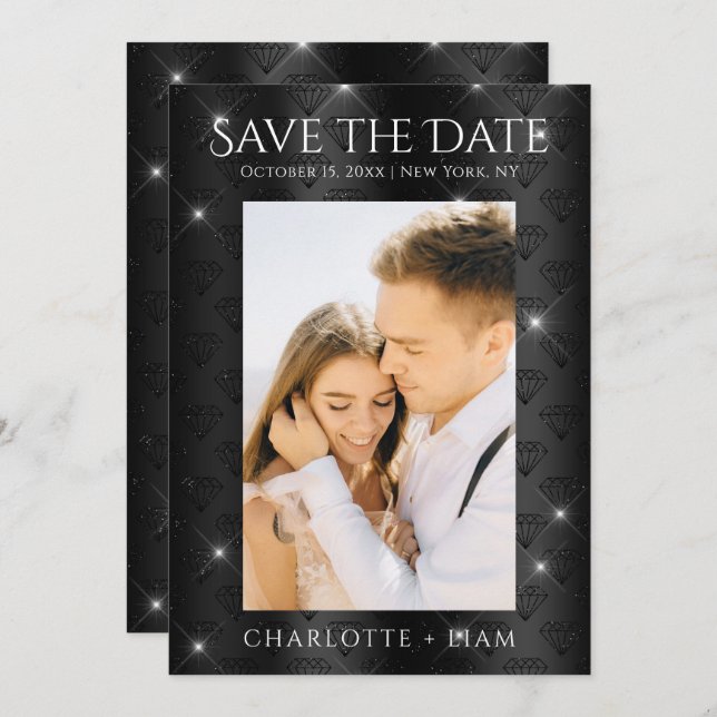 Eleganter Black Glitzer Diamond Foto Save the Date (Vorne/Hinten)