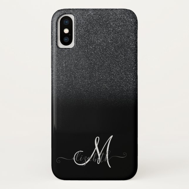 Eleganter Black Glitzer Ombre Monogram Case-Mate iPhone Hülle (Rückseite)